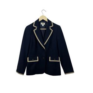 Talbots 4 Button Blazer Jacket Navy Blue Cotton Wool Classic Womens